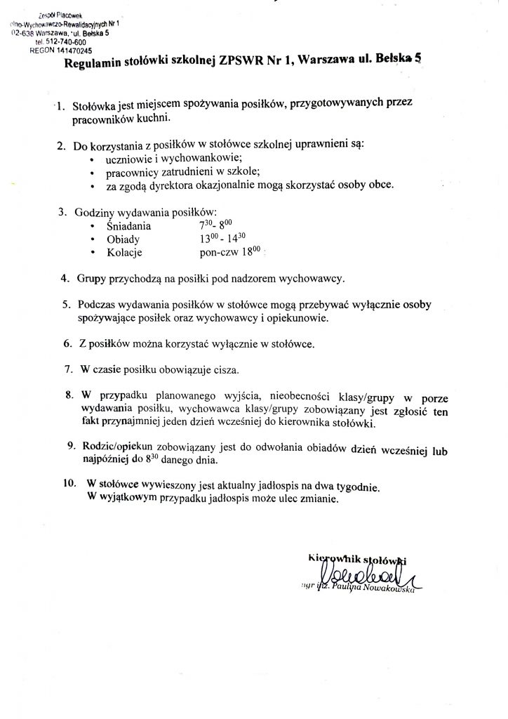 Regulamin stołówki