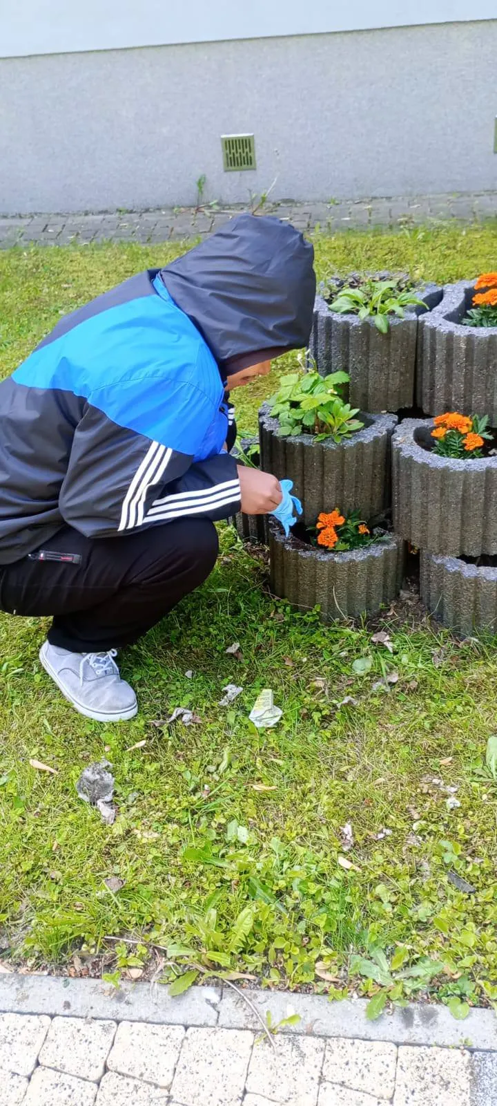 Uczniowie pracują w ogródku