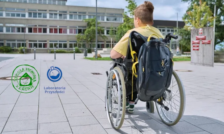 Chłopiec ok. 11 lat siedzi w wózku inwalidzkim. Przed nim budynek szkoły.  